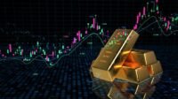 A 3D illustration of gold trading with gold bars and a candlestick chart.